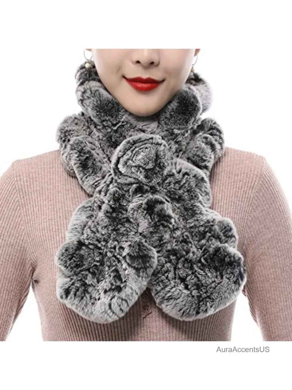 Natural Rabbit Fur Scarf Wrap Wave Cut Neck Warmer Winter Knitted Fluffy